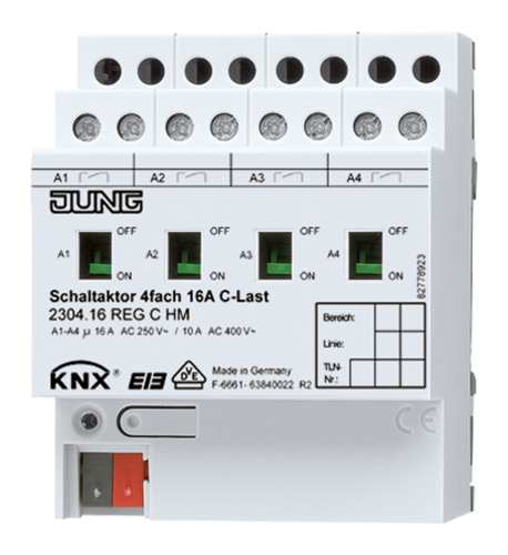 JUNG KNX Актор 4-х канальный 220V AC 12-24V DC 16 A возм ручн упр DIN-рейка
