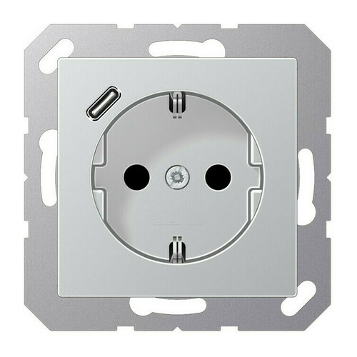 Розетка с USB Jung A 500, скрытый монтаж, с заземлением, алюминий, A1520-18CAL